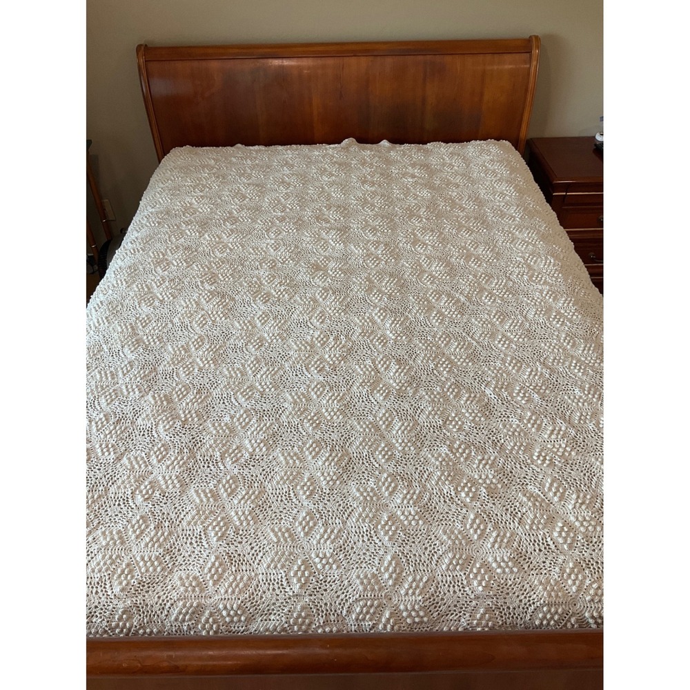 Antique Handmade Crochet Bedspread Cover Popcorn Star Motif Cottagecore Heirloom